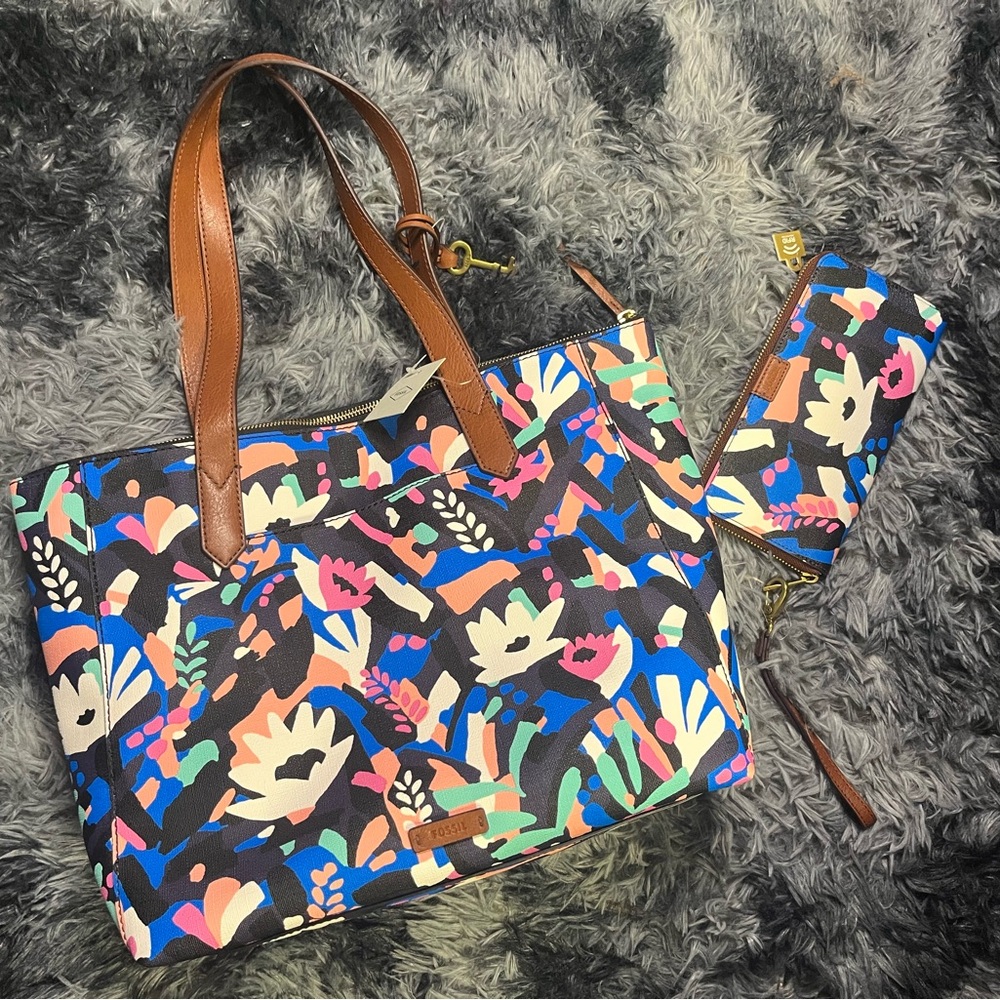 Fossil Black Floral Fiona Tote and Matching Emma Wallet Set